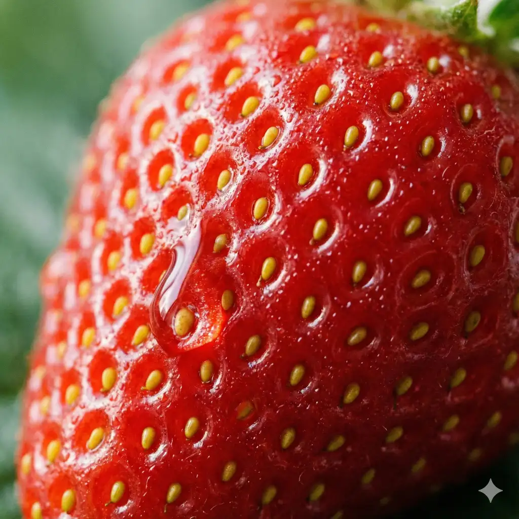 Create a mouth-watering macro close-up of a fresh red strawberry, focusing on the tiny yellow seeds and the glossy, bumpy texture of the fruit surface, with a single droplet of water rolling down, natural lighting, fresh atmosphere, use aspect ratio 1:1.