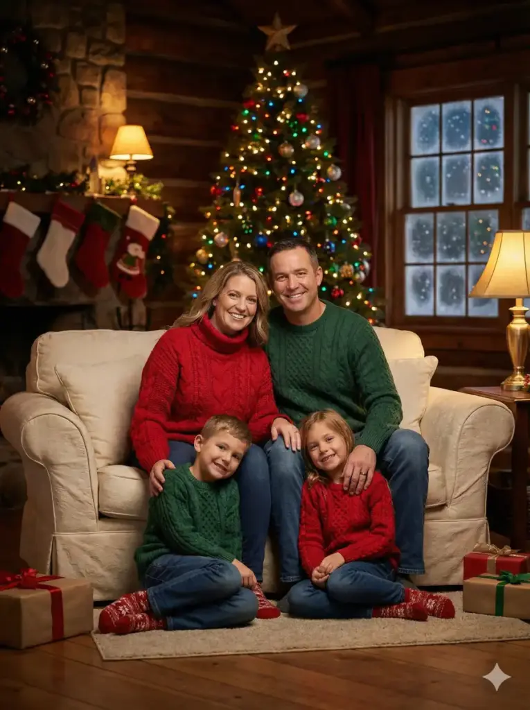 Create a cozy Christmas portrait of a joyful family of four gathered in a glowing living room, parents seated on a soft sofa with two children in front, wearing knitted sweaters in red and green, a decorated tree filled with ornaments and lights behind them, stockings on the wall, faint snowfall visible through the window, warm golden lighting, wrapped gifts on the floor, natural skin textures, slight blush on cheeks, relaxed smiles, shallow depth of field, 3:4 aspect ratio.