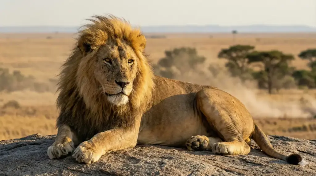 Create a hyper-realistic wildlife photograph of a male lion resting on a rocky outcrop, thick golden mane gently moving in the wind, deep scars on the face showing age and dominance, intense calm eyes, dry African plains stretching into the distance, warm late afternoon sunlight, natural earth tones, professional wildlife photography look inspired by National Geographic. Use aspect ratio 16:9.