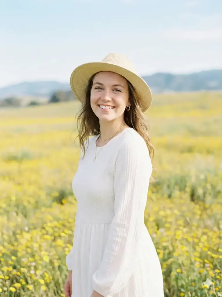 Create a bright, airy outdoor portrait of a young woman standing in the middle of a vast field of vibrant yellow wildflowers in full bloom. She wears a soft white, long-sleeved dress with a gently fitted waist and subtle texture, evoking a romantic, cottagecore elegance. A light straw hat rests naturally on her head, complementing the pastoral setting. Her long hair falls over her shoulders, styled loosely and naturally. She smiles warmly toward the camera, conveying a calm, joyful, approachable mood. Her makeup is natural and fresh, with softly defined eyes and warm skin tones. Delicate gold jewelry adds understated refinement. The scene is illuminated by natural daylight with soft, even lighting, creating a clean, luminous look without harsh shadows. The background stretches into rolling fields of yellow flowers fading into a creamy blur, with distant hills and a pale blue sky visible near the horizon. Use aspect ratio 3:4.