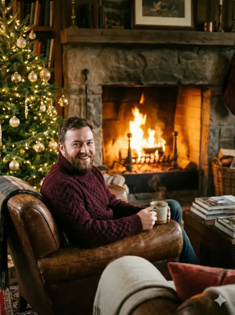 Create a cozy indoor photograph of a smiling man sitting in a leather armchair next to a roaring stone fireplace. He is wearing a chunky burgundy cable-knit sweater and holding a ceramic mug with steam rising from it. To his side, a Christmas tree sparkles with warm white fairy lights and vintage gold ornaments. The lighting should be low-key and warm, emphasizing the textures of the wool and the glow of the fire. The image should feel nostalgic and relaxing. Use 3:4 aspect ratio.
