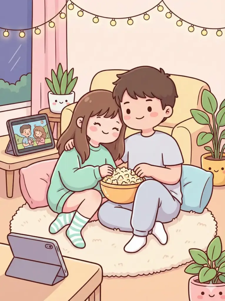 Create a cute kawaii style illustration of a couple sitting on the floor of their living room while sharing a bowl of popcorn and watching a movie. The girl leans into the boy with her legs curled to the side, wearing an oversized mint sweatshirt and comfy socks. The boy wears a light grey tee with loose joggers. Add soft rounded edges to all items. Place them in a warm room with fairy lights, a fluffy rug and small plant pots. Use aspect ratio 3:4.