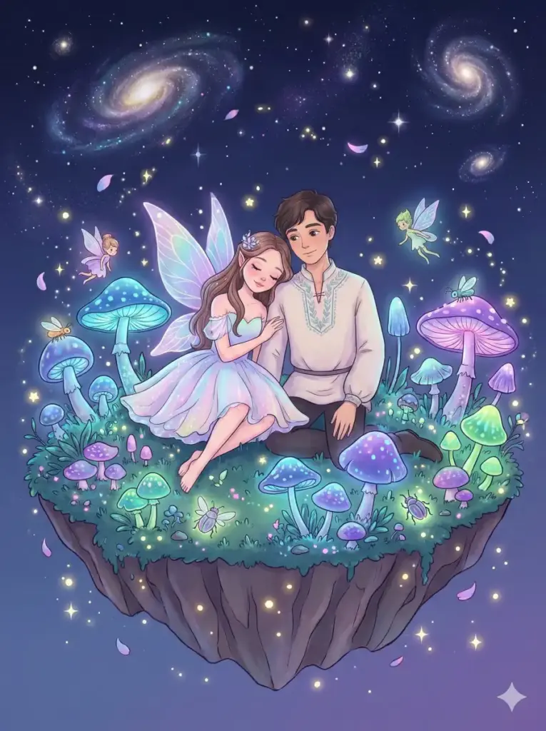Create a cute fantasy style illustration of a couple sitting on a floating island covered with glowing mushrooms and tiny magical creatures. The girl wears a pastel fairy dress with small wings while leaning her head on the boy's shoulder. The boy wears a light tunic with gentle embroidery. Add sparkling lights, floating petals and a magical night sky. Use aspect ratio 3:4.