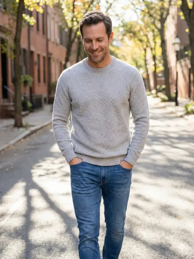 Create a hyper realistic photo of a man walking along a quiet street, smiling gently while looking down slightly, hands casually in his pockets. He is wearing a light sweater and fitted jeans with natural creases. Bright daylight creates balanced exposure with soft shadows. The image shows realistic skin texture, subtle facial hair, and natural expression lines. The background includes sunlit buildings and trees with shallow depth of field, resembling a real lifestyle photograph. Use aspect ratio 3:4.