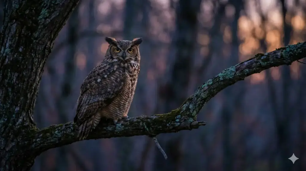 Create a cinematic wildlife photograph of a great horned owl perched on a tree branch at dusk, piercing golden eyes glowing softly, detailed feather texture, quiet forest background fading into twilight blue tones, natural low-light photography style, subtle rim lighting on feathers, ultra-realistic documentary quality. Use aspect ratio 16:9.