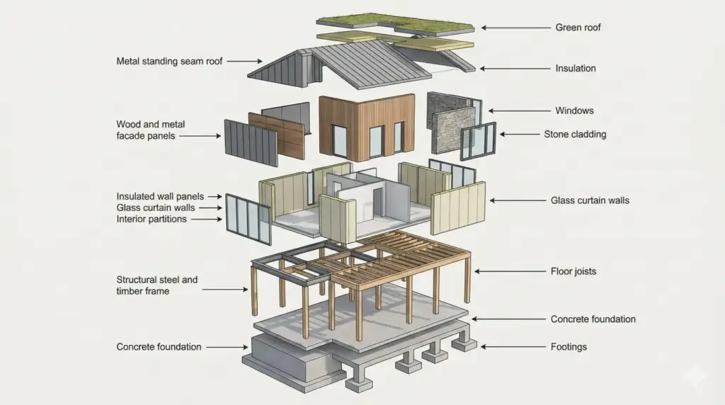 Create an exploded architectural diagram of a villa showing foundation layers, structural frame, walls, facade panels, and roof elements arranged in sequence. Professional visualization suitable for client presentations. Use aspect ratio 16:9.