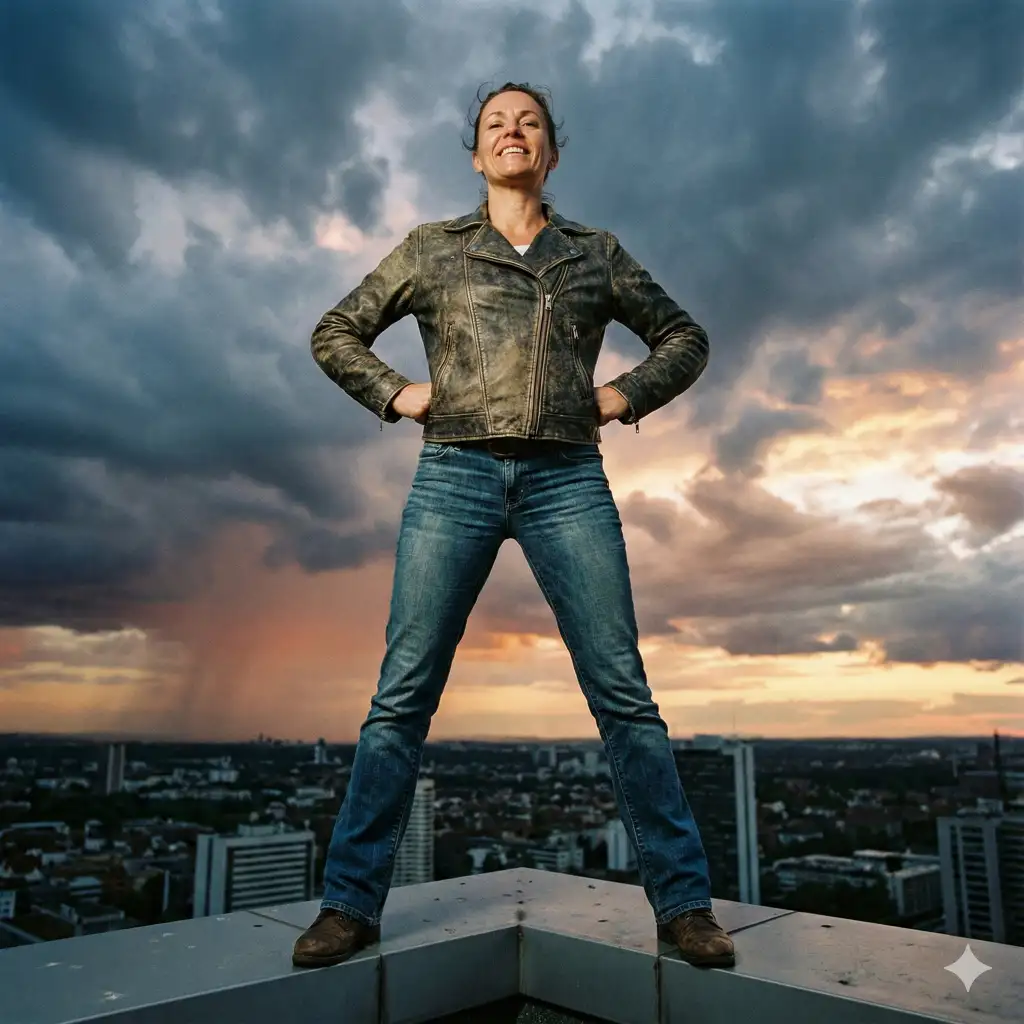 Create a low angle shot of a person standing confidently on a rooftop, camera positioned below eye level, dramatic sky in the background, powerful posture, strong sense of dominance. Use aspect ratio 1:1.