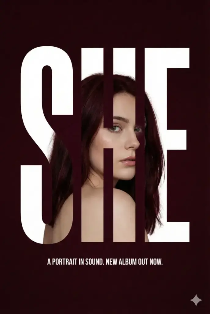 Create a bold, high-energy vertical music poster featuring a young female singer performing live on stage. She is captured mid-performance, holding a microphone close to her mouth, smiling with confidence and charisma. Her hair is styled in messy space buns with loose strands, and she wears an oversized black t-shirt layered with chunky chain necklaces, giving a rebellious, effortless stage presence. The portrait is treated in gritty monochrome with subtle grain and texture, while neon green accents are painted over parts of the image—especially flame-like graphic shapes rising from the bottom of her shirt—adding intensity and visual punch. The background is a flat, textured teal-green surface with visible noise and poster grain. Dominating the composition behind the subject is oversized, rounded, bold yellow typography spelling out the artist's name in stacked lines. The letters are thick, playful, and slightly retro, filling most of the frame and partially obscured by the performer to create depth. Place her name behind the figure.