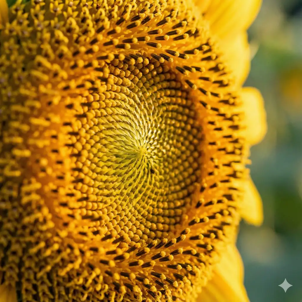 Create a hyper-realistic macro shot of the center of a sunflower, focusing on the golden spiral pattern of the seeds and tiny pollen grains, warm sunlight illumination, extreme detail, depth of field 2.8, use aspect ratio 1:1.