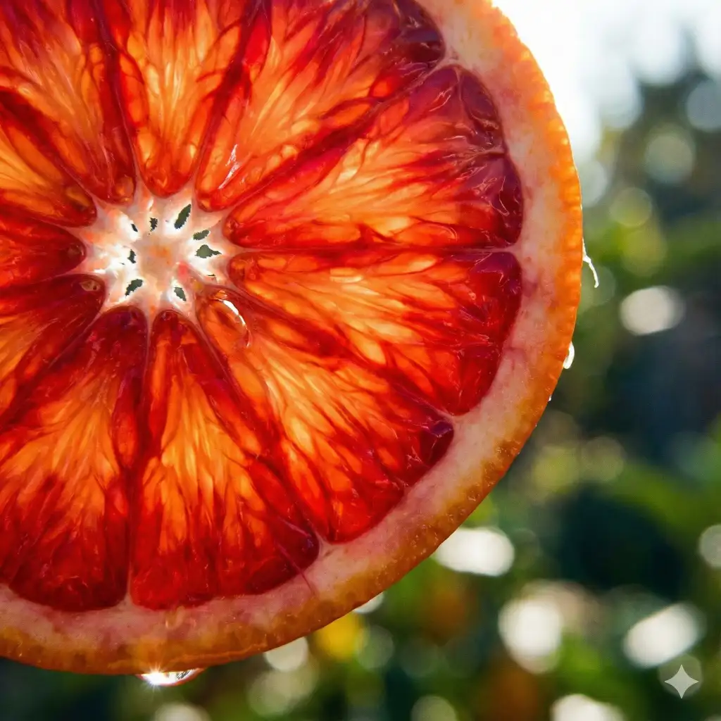 Create a vibrant macro image of a translucent slice of blood orange, back-lit by the sun to reveal the individual juice sacs and intricate pulp structure, glowing red and orange hues, high contrast, sharp focus, use aspect ratio 1:1.