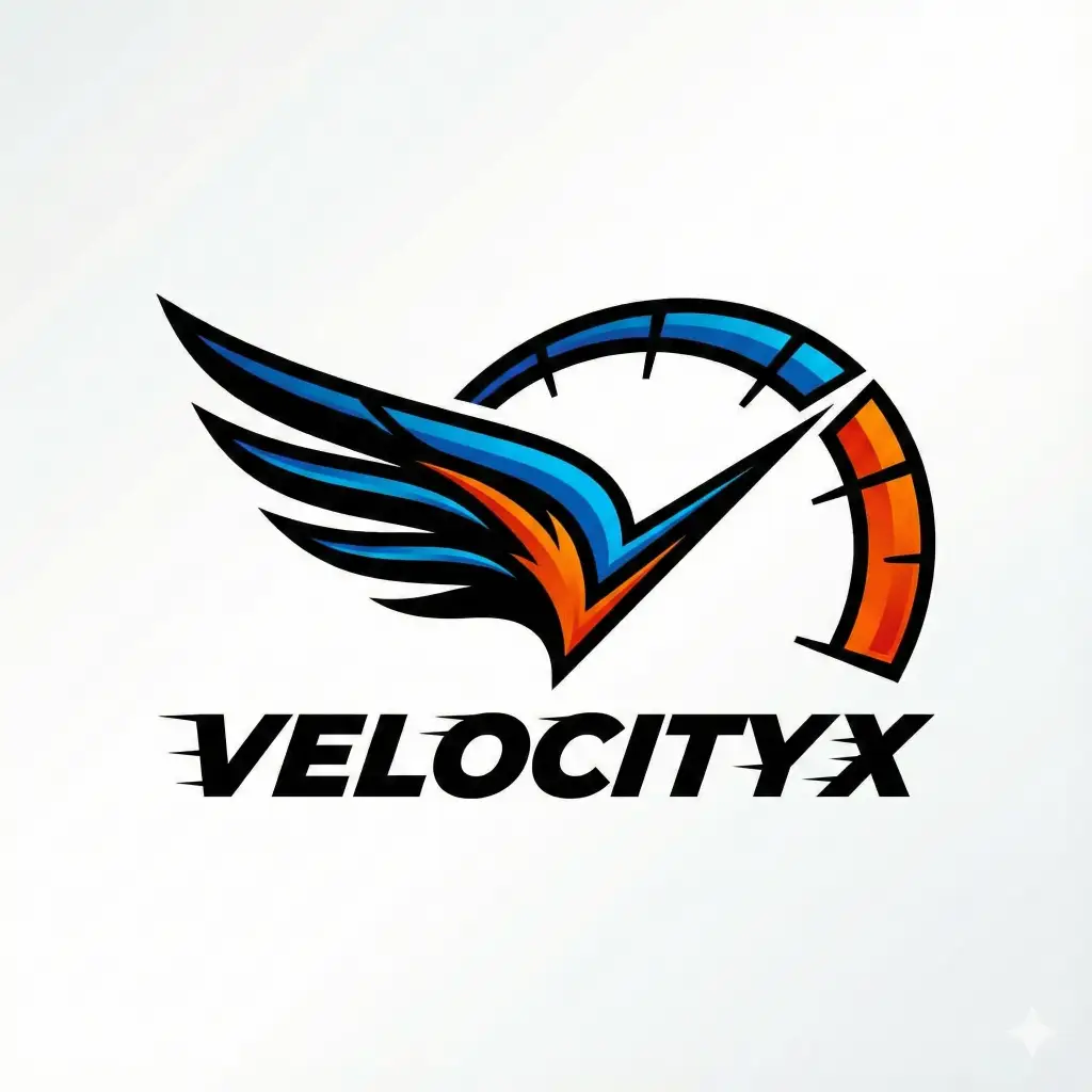 Create a dynamic automotive tuning logo in aspect ratio 1:1. Feature an abstract wing shape fused with a speedometer arc, sharp streamlined contours, and bold contrast. Include the text VelocityX in a compact bold sans font that feels fast.