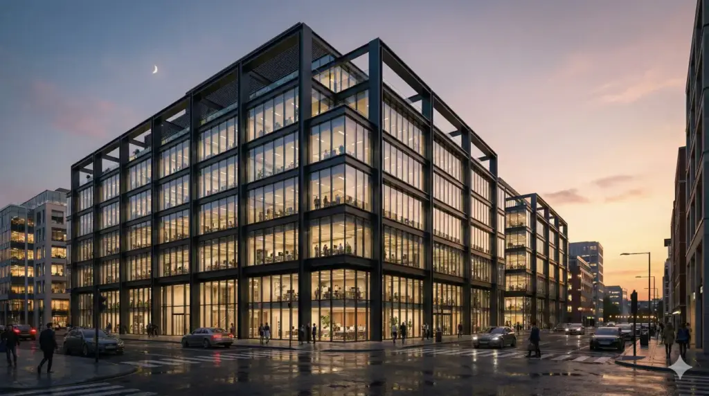 Create a high-detail 3D architectural visualization of a modern commercial office building with glass curtain walls, steel frames, and clean geometric lines. The scene is set during early evening with city lights starting to glow. Street-level camera angle with realistic scale and proportions. Use aspect ratio 16:9.