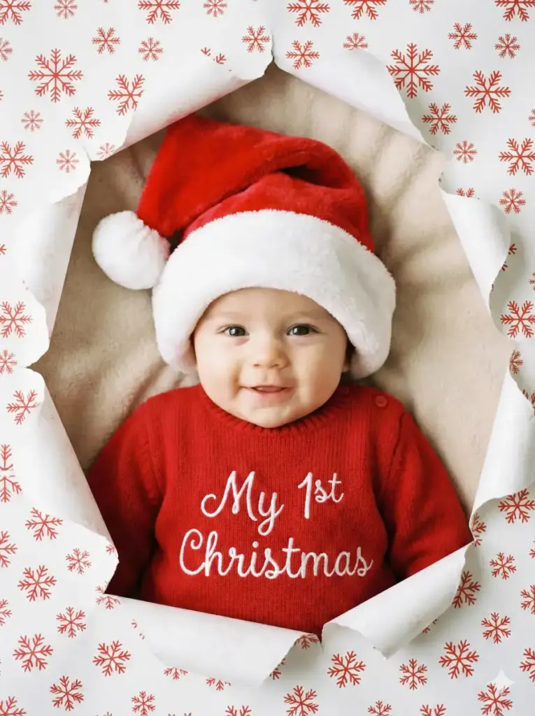 Create a close-up Christmas portrait of a baby lying on a soft beige blanket, appearing adorably unwrapped through torn holiday gift wrap. The wrapping paper around the baby is white with red snowflake patterns, ripped open in an irregular star-shaped opening that frames the baby's face and torso. The baby wears a cozy red knitted sweater with the embroidered text "My 1st Christmas" in white script. A plush red-and-white Santa hat rests gently on the baby's head, slightly oversized for an extra cute effect. The lighting is soft and diffused, highlighting the baby's expressive eyes and smooth skin. The overall composition is symmetrical and centered, with a festive, heartwarming, gift-like presentation. The style is bright, clean, and cozy.