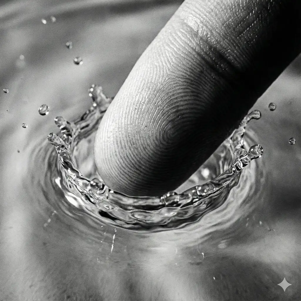 Create an artistic macro shot of a fingertip touching still water, capturing the exact moment the surface tension breaks and ripples form, focusing on the fingerprints and water texture, monochrome high contrast, use aspect ratio 1:1.