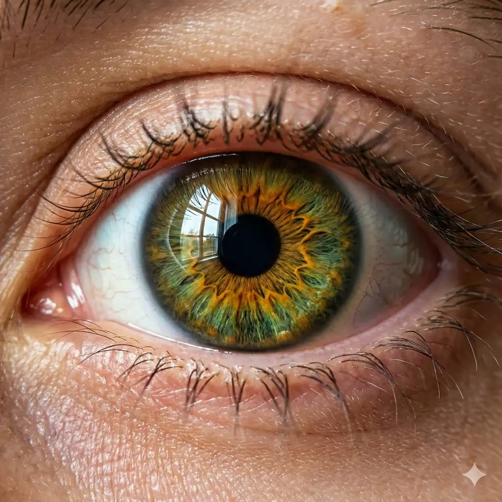 Create a mesmerizing macro close-up of a human human eye, specifically the iris, featuring a complex explosion of amber and emerald green fibers, capturing the reflection of a window in the pupil, sharp eyelashes, hyper-realistic skin texture, use aspect ratio 1:1.