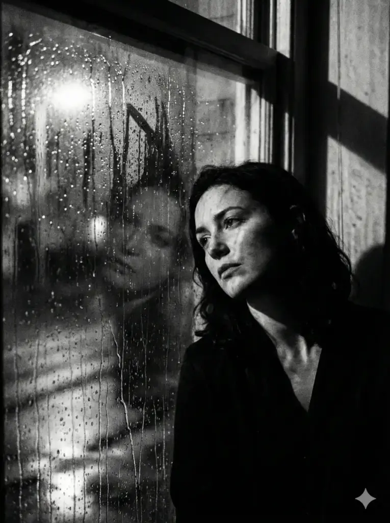 Create a moody black and white photograph of a woman sitting by a rainy window, her reflection faintly visible in the glass. Raindrops are streaming down the pane, casting intricate shadows across her face. She is looking away from the camera with a gaze of quiet contemplation and longing. Use high contrast lighting to emphasize the the mood of the scene, simulating the grain of classic 35mm film photography. Use aspect ratio 3:4.