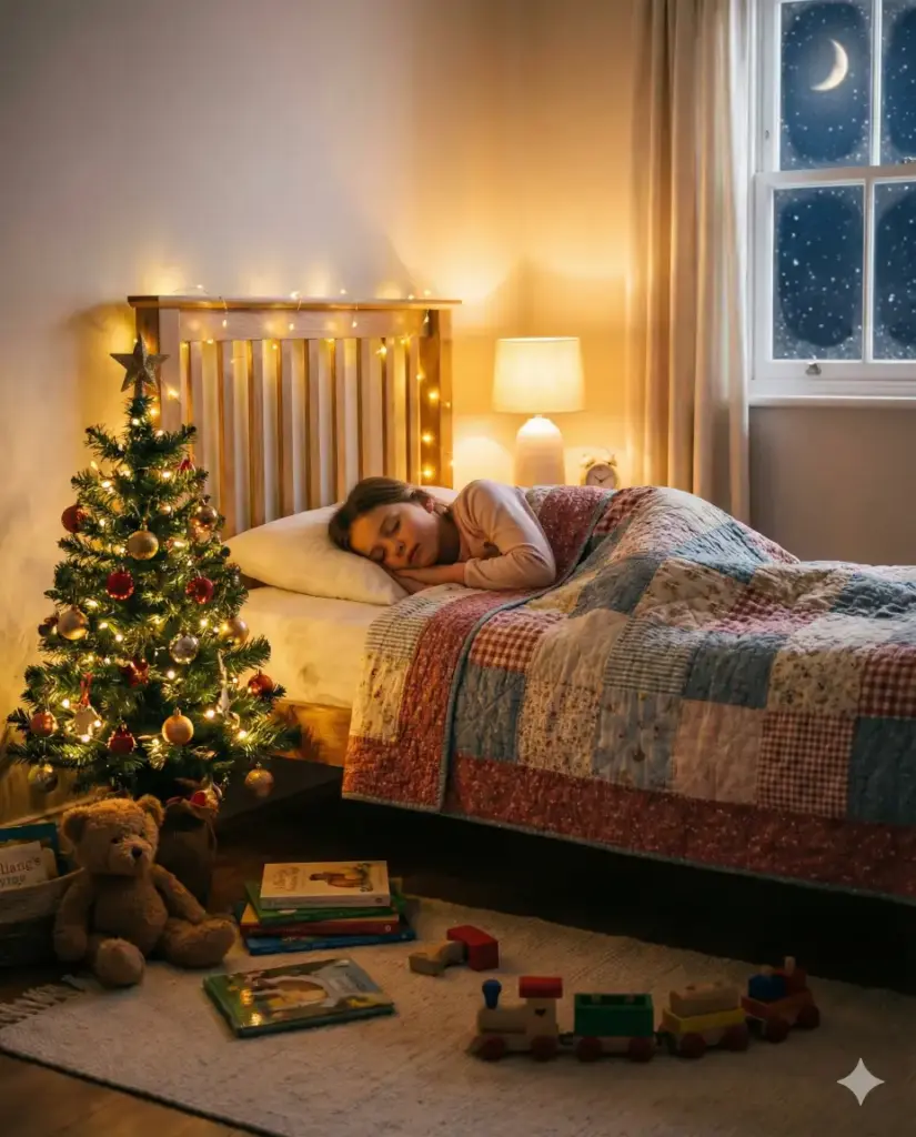 Create a peaceful bedtime Christmas scene of a young girl sleeping in her room, wrapped in a blanket, fairy lights around the headboard, a small tree beside her bed, toys scattered gently, window showing snowy night sky, soft warm light from a bedside lamp, calm and dreamy tone, 4:5 aspect ratio.
