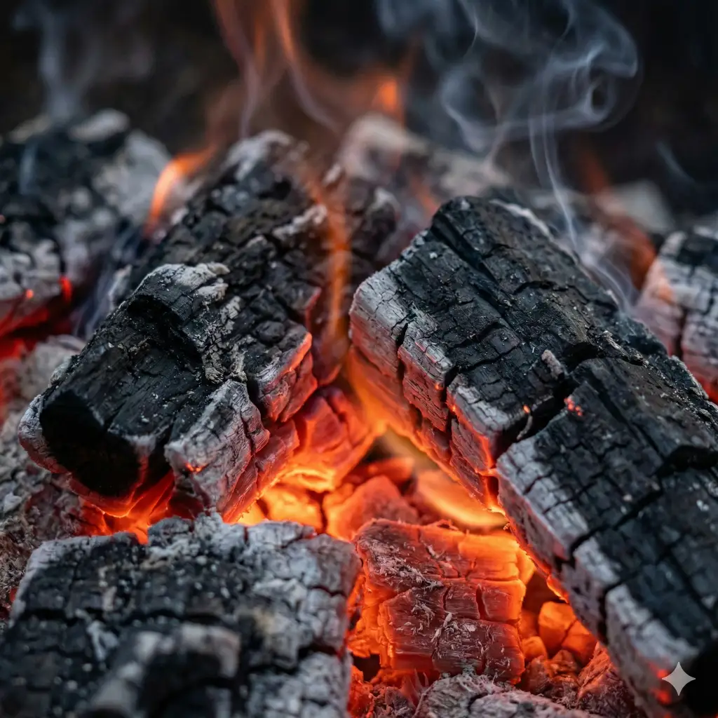 Create a fiery close up of burning charcoal in a fire. Focus on the glowing red and orange cracks within the black, ash-covered wood. Capture the heat radiating from the texture and the subtle wisps of smoke rising. The lighting comes entirely from the glow of the ember itself. Aspect Ratio 1:1.