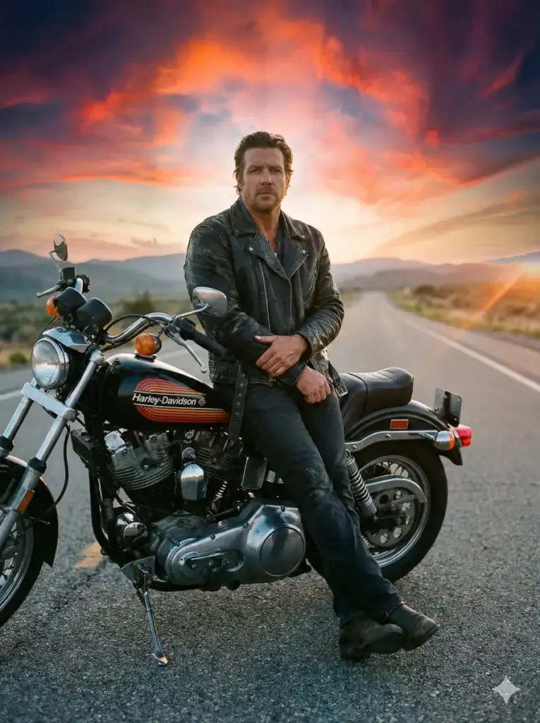 Create a cinematic outdoor portrait of a man leaning against a vintage motorcycle on a deserted highway at sunset. He is dressed in a black leather jacket, dark jeans, and rugged boots, with one foot resting on the ground and arms loosely crossed. The background shows a vast open road, dramatic orange skies, and distant hills, creating a bold and powerful atmosphere. Use aspect ratio 3:4.