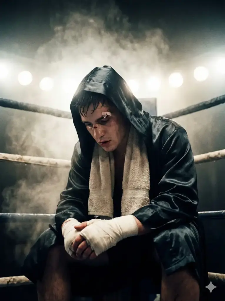 Create a gritty, visceral portrait of a young man sitting in the corner of a boxing ring. He is wearing a hooded silk robe, hands taped up, with a towel draped over his neck. He is looking down, focused and brooding. There is a small cut above his eyebrow and sweat on his face. The background is dark, with the bright, hazy lights of the arena forming a halo behind him. Dust and steam float in the air. The image should feel raw and physical, shot on 16mm film stock with high contrast. Use aspect ratio 3:4.
