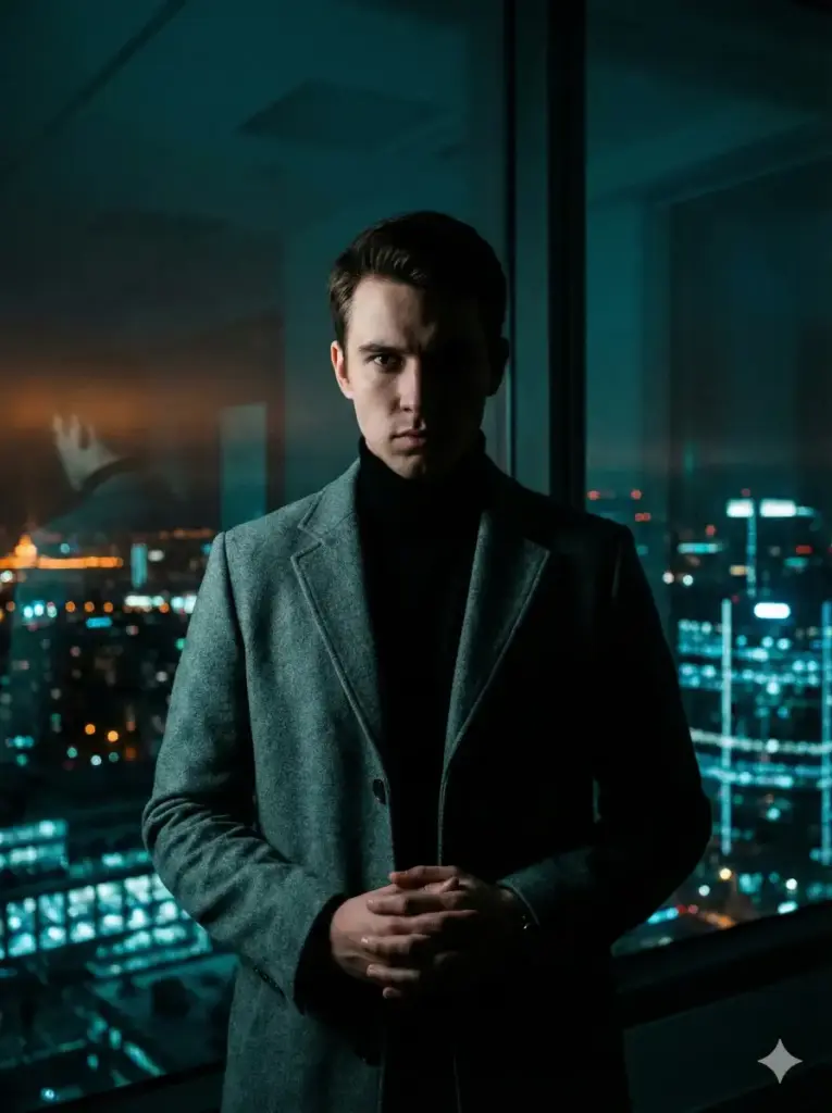 Create a dramatic, low-key portrait of a young man sitting in a dimly lit, modern glass office at night. He is wearing a sleek, black turtleneck and a grey wool coat. He sits in a leather chair, hands clasped together, staring intensely at the viewer. The background shows a panoramic view of a city skyline at night, with blurry city lights in cold blues and whites. The reflection of the city is faintly visible on the glass window next to him. The lighting is moody, using "teal and orange" cinematic color grading, with half his face in shadow to suggest mystery. 8k resolution, photorealistic. Use aspect ratio 3:4.