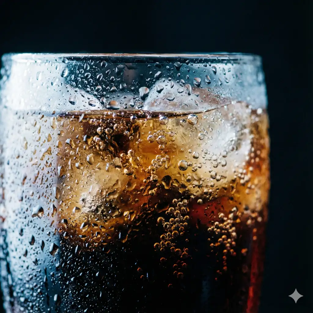 Create a refreshing macro close-up of a glass of iced cola, focusing on the condensation droplets clinging to the outside of the glass and the carbonation bubbles fizzing inside, dark background, sharp focus, use aspect ratio 1:1.