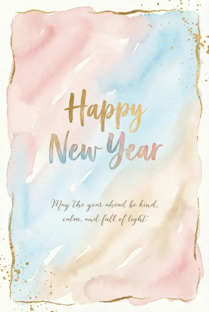 Create a soft watercolor-style New Year greeting card with gentle brush textures and flowing pastel colors like blush pink, sky blue, and warm beige. Add hand-painted gold accents around the edges. Place artistic typography in the center that reads "Happy New Year" with a poetic message below saying "May the year ahead be kind, calm, and full of light." Use aspect ratio 2:3.