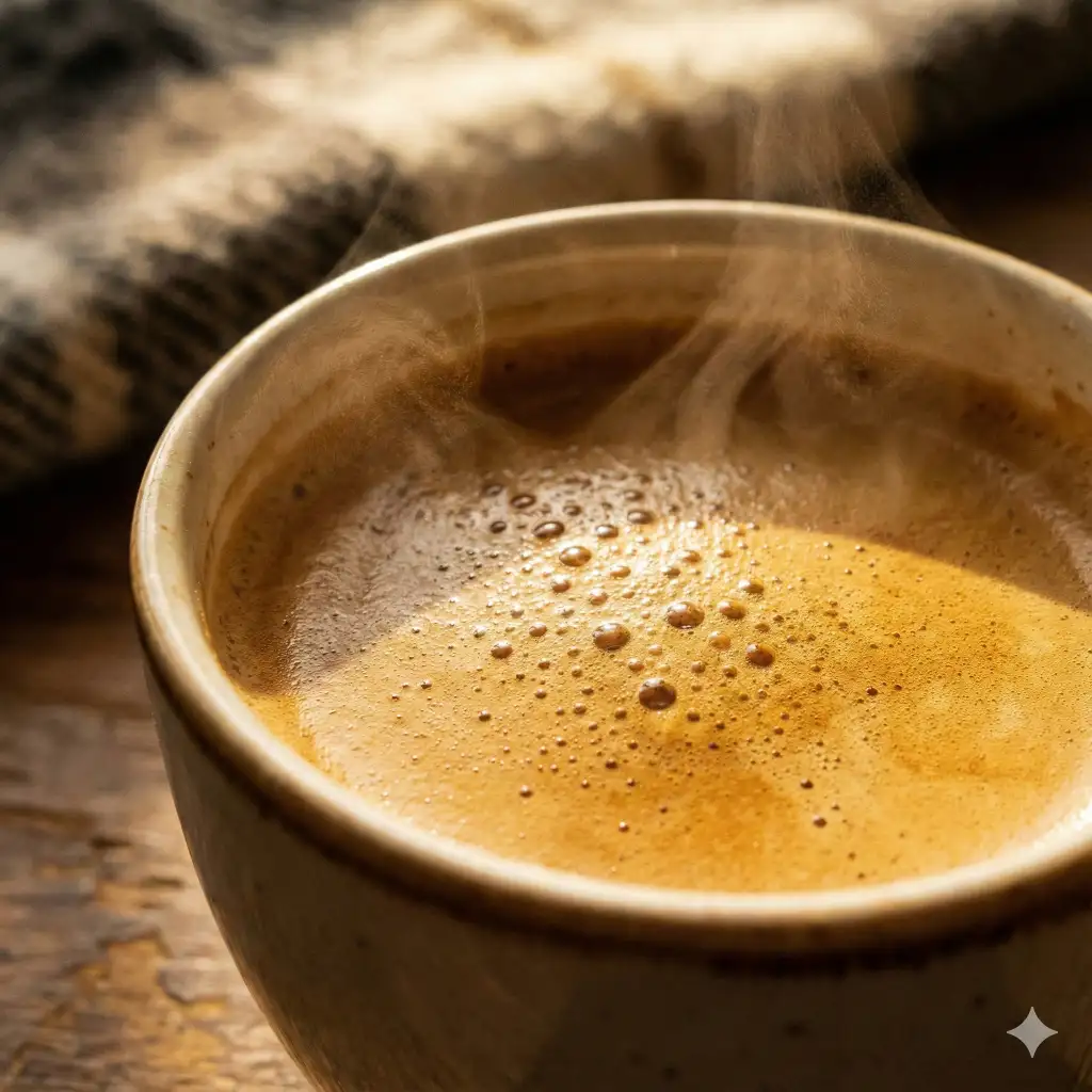 Create a warm macro shot of fresh espresso crema, highlighting the tiny golden-brown bubbles and rich foam texture, capturing the steam swirls, morning sunlight, cozy vibe, high detail, use aspect ratio 1:1.