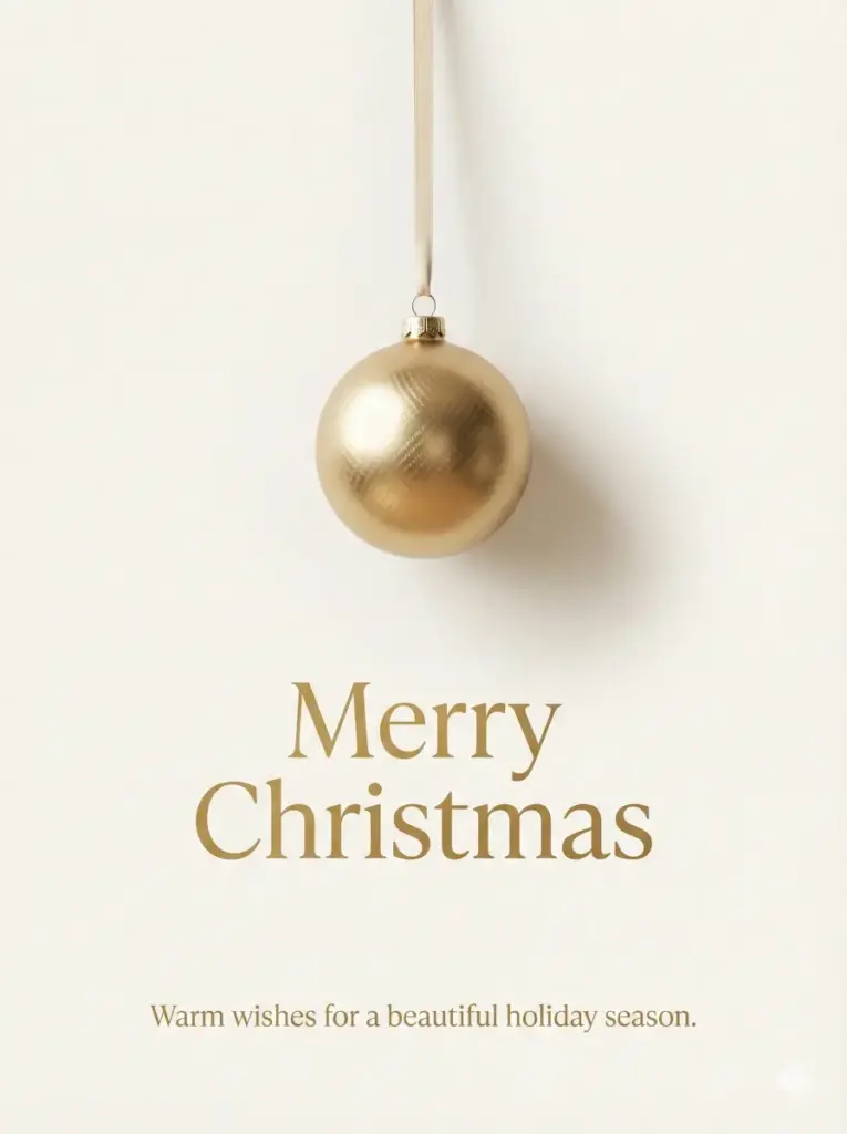 Create a minimal luxury Christmas card with a clean cream background. Add a single metallic gold Christmas ornament hanging from a thin ribbon. Use soft shadows for depth and refined elegance. Add modern serif text in the center that reads Merry Christmas. At the bottom add Warm wishes for a beautiful holiday season. Use aspect ratio 3:4.