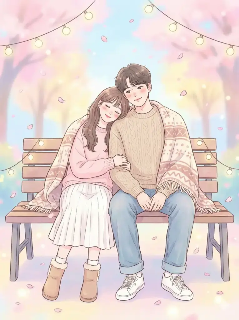 Create a cute pastel style illustration of a couple sitting close together on a park bench while sharing a warm blanket. The girl leans her head gently on the boy's shoulder, and both smile softly. She wears a light pink sweater, a pleated white skirt and cozy boots. He wears a beige knit sweater, relaxed jeans and white sneakers. Add subtle blush on both faces. Surround them with soft glowing lights, falling pink petals and a dreamy blurred park background filled with pastel tones. Use aspect ratio 3:4.