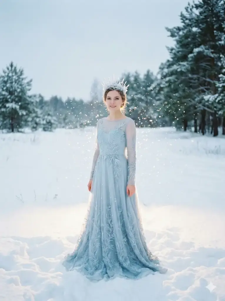 Create a winter themed portrait of a woman standing in a snowy field. She wears a pale blue gown and a delicate crystal crown. Her posture is upright with a gentle smile. Snowflakes glow lightly around her and soft cold light highlights the scene. Add aspect ratio 3:4.
