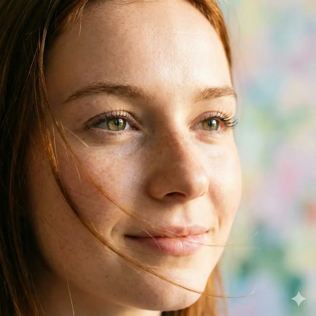 Create a close up portrait of a young woman with soft glowing skin, warm natural light on her face, delicate freckles, and a gentle breeze moving a few strands of hair. Capture crisp details in her eyelashes and subtle reflections in her eyes, with a blurred pastel background that adds depth. Use aspect ratio 1:1.