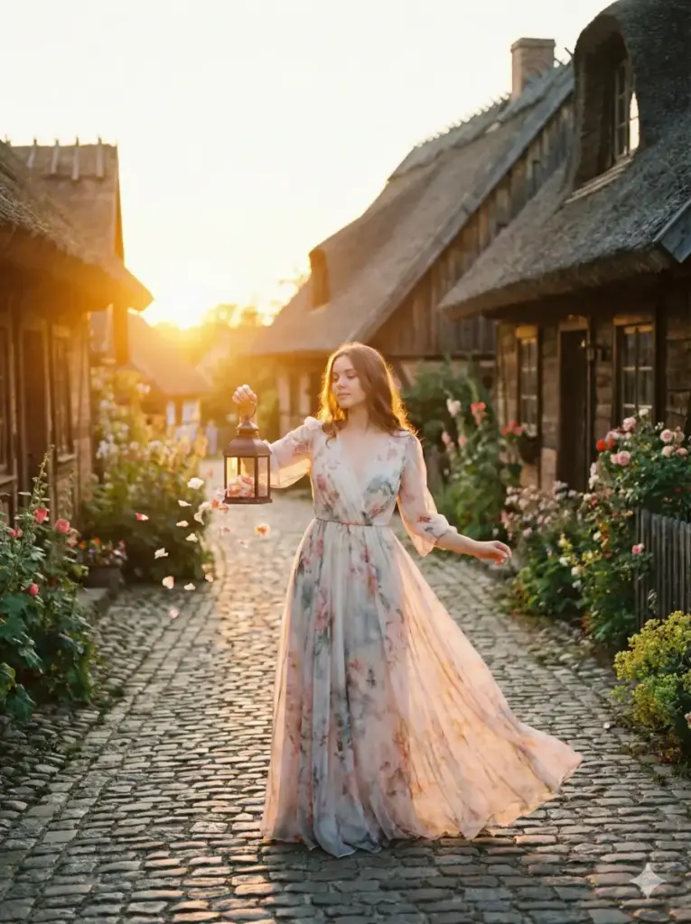 Create a gentle portrait of a young woman in a small fantasy village. She stands on a cobblestone path lined with wooden cottages. Her dress has soft floral patterns and she holds a lantern that releases floating flower petals. Her posture is relaxed as warm evening light wraps around her. Add aspect ratio 3:4.