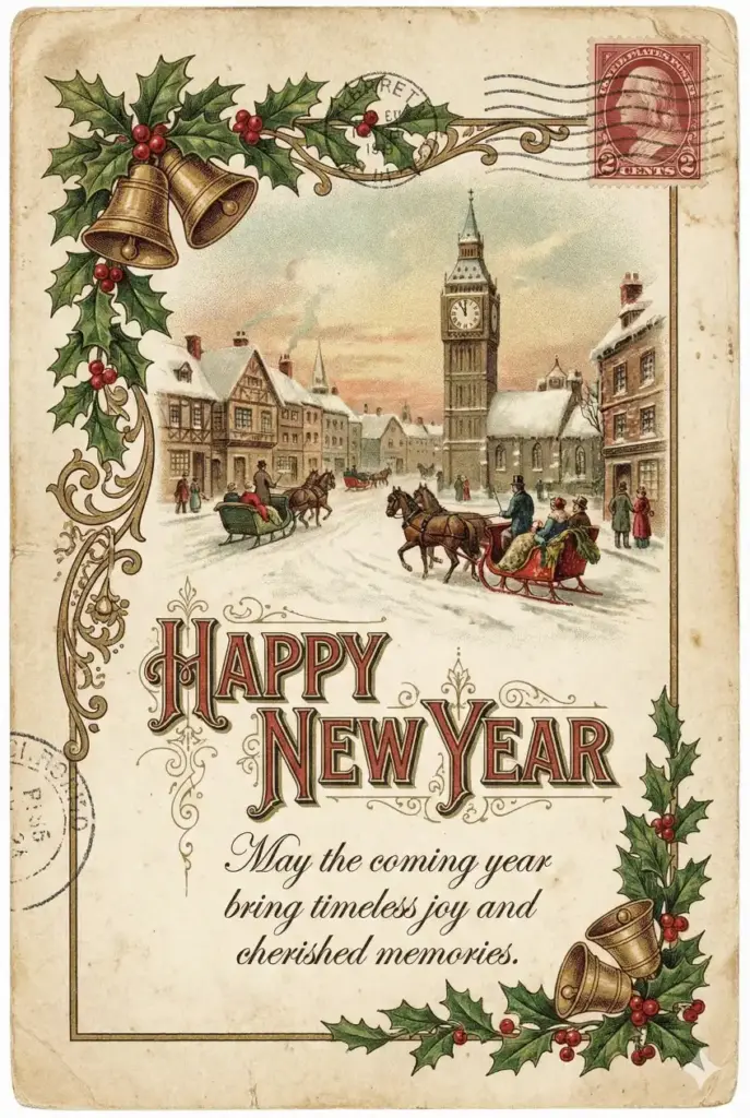 Create a nostalgic New Year greeting card inspired by vintage postcard design, with muted colors, subtle grain texture, and decorative borders. Include classic typography reading "Happy New Year" and a heartfelt message saying "May the coming year bring timeless joy and cherished memories." Keep the overall tone warm and sentimental. Use aspect ratio 2:3.