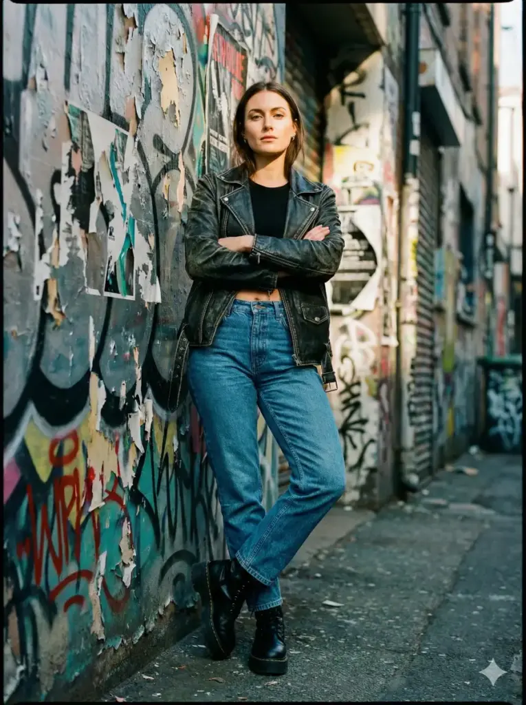 Create a cinematic portrait of a woman leaning casually against a colorful graffiti wall while wearing a leather jacket, a black crop top, high-waisted jeans, and chunky boots. Show her crossing her arms and looking directly at the camera. Use bold side lighting that highlights the texture of the wall. Keep the color tone vibrant yet slightly desaturated for a film look. Fill the background with street art, scattered posters, and a narrow alley. Use aspect ratio 3:4.
