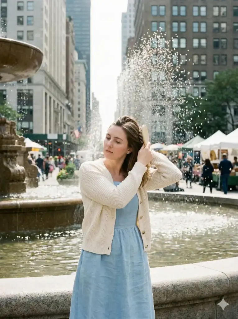 Create a beautiful cinematic photo of a woman sitting at the edge of a city fountain while wearing a pastel dress and a light cardigan. Show her brushing her hair back as water droplets shimmer behind her. Use soft midday light with gentle highlights. Keep the color tone fresh with a light film texture. Add tall buildings, reflections in the water, and a lively plaza in the background. Use aspect ratio 3:4.