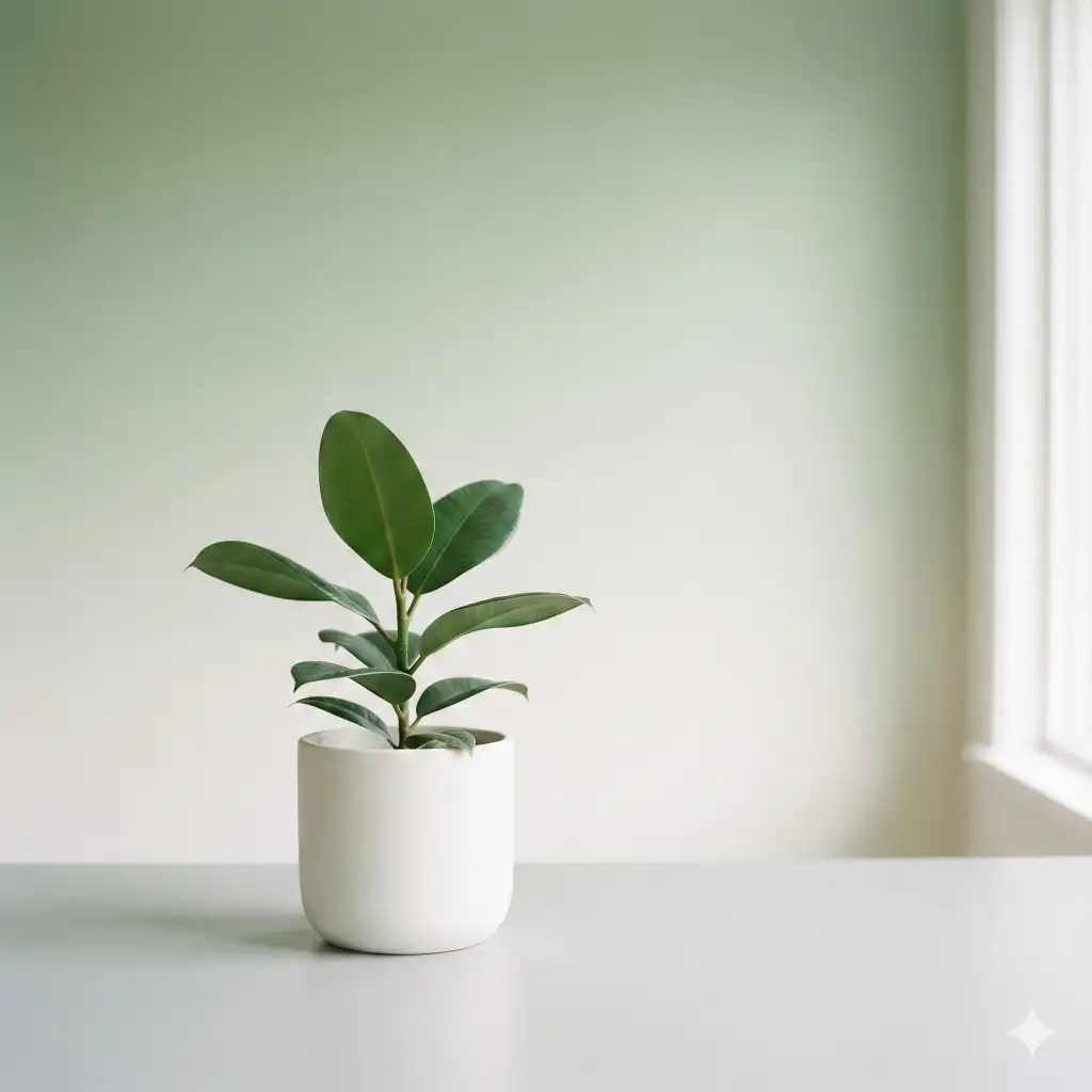 Create a minimalist photograph featuring a single green houseplant with broad leaves placed in a simple white ceramic pot. Position the subject slightly off-center on a light gray surface with a smooth, seamless background in a soft sage-to-off-white gradient. Use diffused natural daylight to create soft shadows and a calm, airy atmosphere. Keep the color palette restrained with muted greens, white, and pale gray, allowing generous negative space for a clean, modern editorial look. The overall mood should feel quiet, balanced, and refined. Use aspect ratio 1:1.