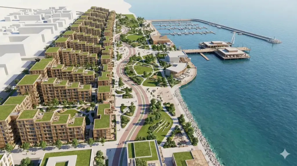 Create an aerial 3D visualization of a coastal urban development with residential blocks, promenade walkways, green spaces, and waterfront structures. Natural daylight and clear spatial organization. Use aspect ratio 16:9.