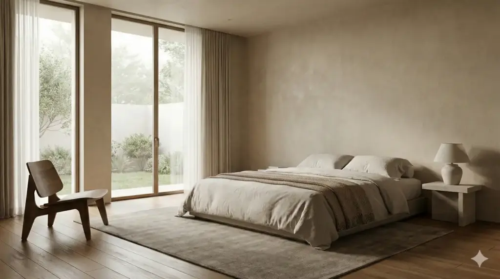 Create a high-detail 3D interior architectural render of a luxury bedroom with minimal furniture, textured walls, wooden flooring, and soft natural light entering through large windows. Calm and balanced composition. Use aspect ratio 16:9.