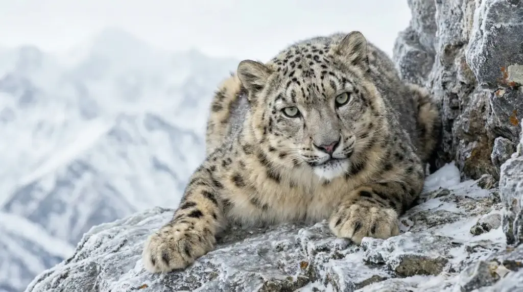 Create a stunning close-range wildlife photograph of a snow leopard resting on a rocky mountain ledge, thick spotted fur blending perfectly with icy stone textures, piercing pale green eyes, cold wind lifting fur slightly, distant snow-covered peaks fading into mist, crisp alpine light, high dynamic range, ultra-sharp focus, realistic wildlife documentary style similar to National Geographic. Use aspect ratio 16:9.