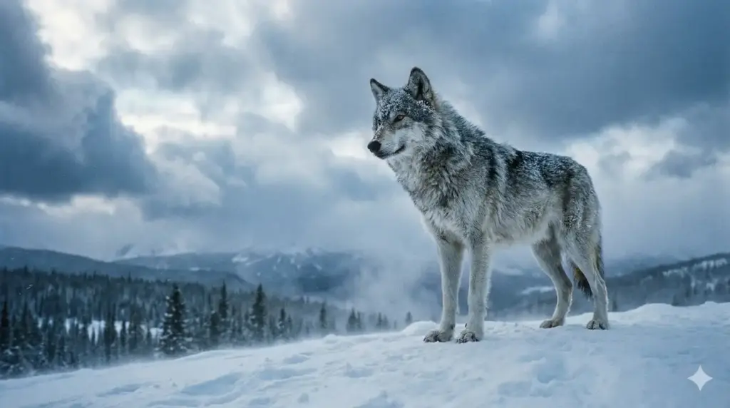 Create a dramatic wildlife photograph of a wolf standing on a snowy ridge under a cloudy sky, thick grey and white fur detailed with frost, alert posture, distant pine forest below, cool blue tones, natural contrast lighting, moody documentary wildlife photography style. Use aspect ratio 16:9.