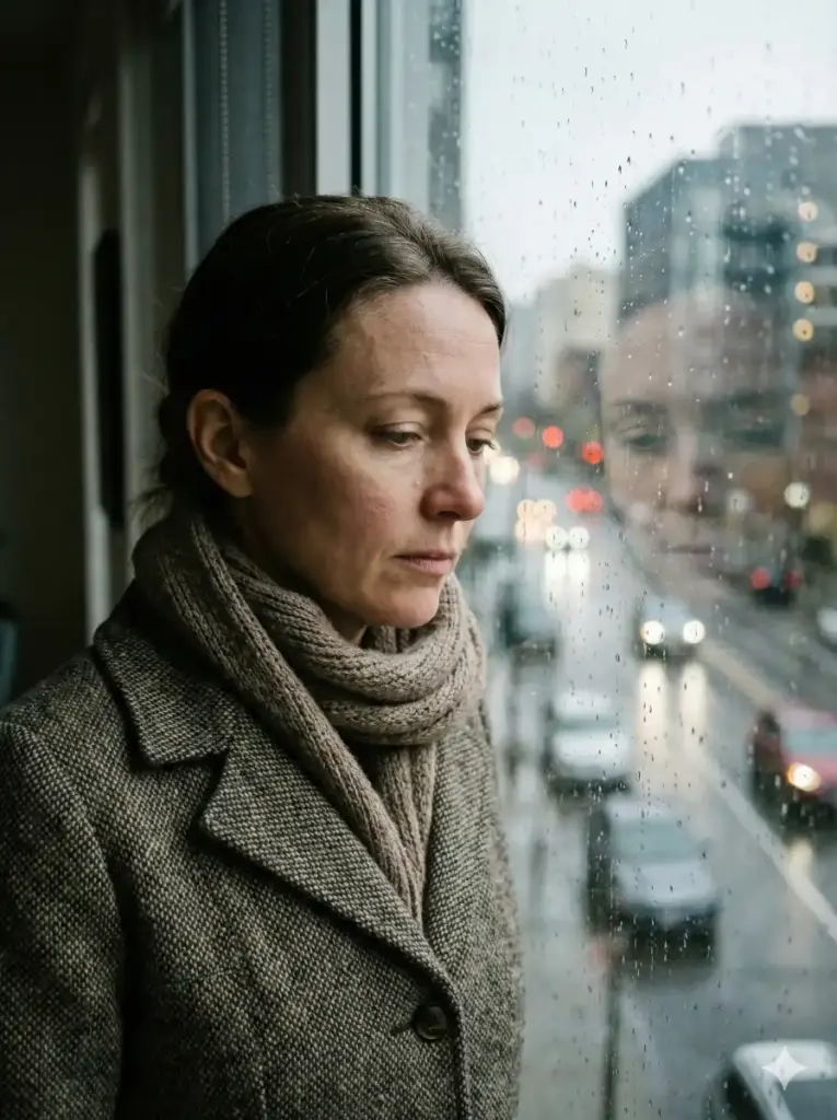 Create a hyper realistic photo of a woman standing near a rain-streaked window, looking slightly downward with a calm, thoughtful expression. She is wearing a wool coat with visible fibers and a scarf loosely wrapped around her neck. Reflected window light softly illuminates her face, showing natural pores, fine hair strands, and slight asymmetry in facial features. The background includes blurred city lights and reflections, with realistic contrast and color tones similar to a low-light mirrorless camera photo. Use aspect ratio 3:4.