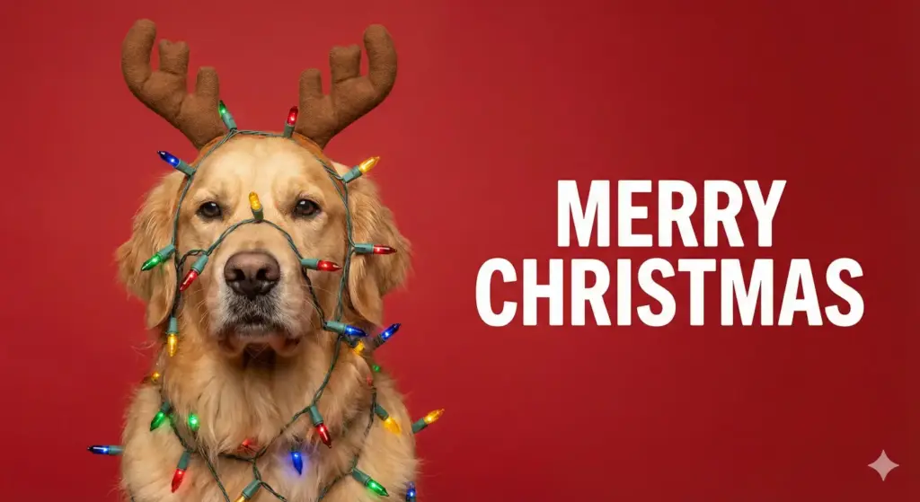 Create a photorealistic studio portrait of a grumpy golden retriever dog wearing a pair of antlers and tangled in a string of colorful Christmas lights, looking directly at the camera with a confused expression. The background should be a solid, seamless red studio backdrop. To the right of the dog, write the text "Merry Christmas" in a bold, white sans-serif font.