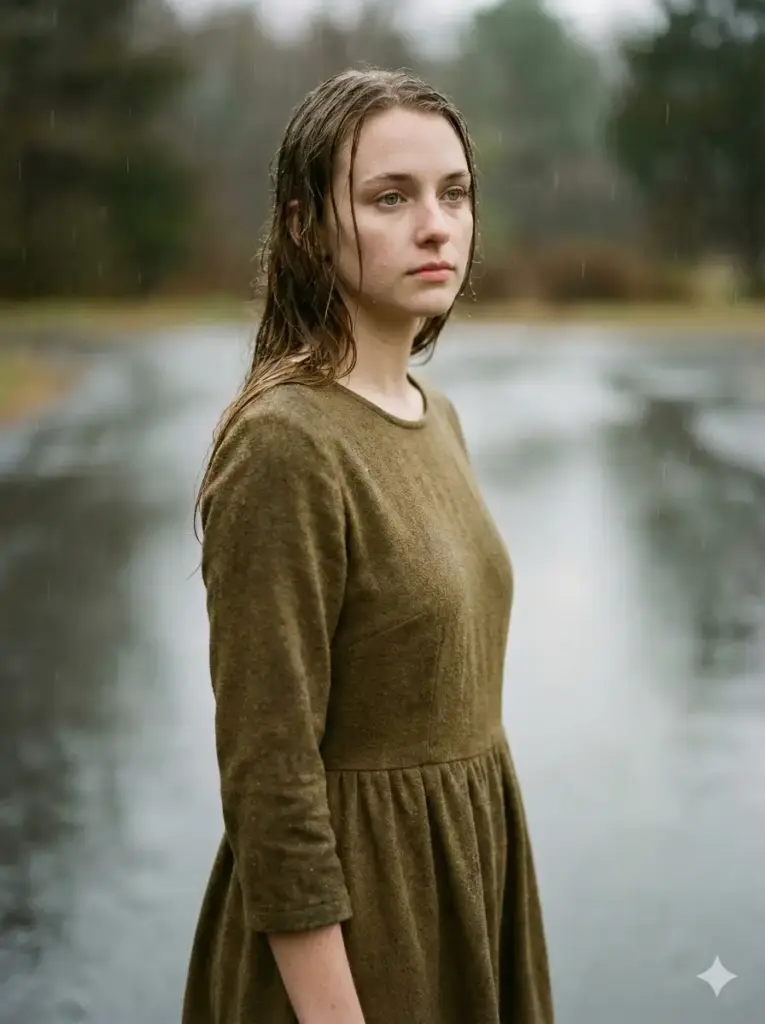 Create a soulful photo of a young woman standing alone in light rain, subtle raindrops visible on her hair and skin, thoughtful eyes looking slightly away from the camera, wearing a muted earthy-toned dress, soft overcast lighting, gentle reflections on wet ground, moody atmosphere, natural color grading, emotional storytelling, realistic portrait photography with fine details. Use aspect ratio 3:4.