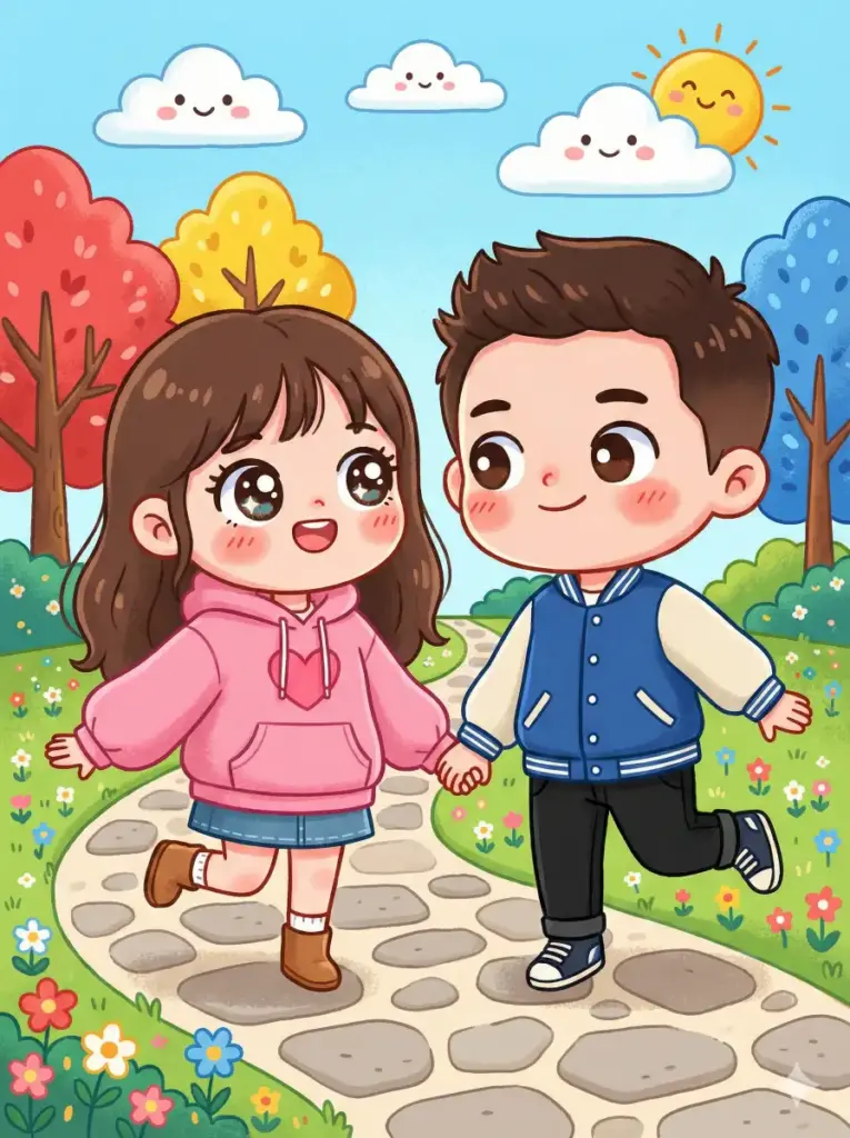 Create a cute chibi style illustration of a couple holding hands while skipping playfully on a small stone path. The girl has big sparkling eyes and wears an oversized hoodie with a heart emblem, short denim skirt and tiny boots. The boy wears a blue varsity jacket, black pants and sneakers. Both characters have slightly exaggerated heads and rounded features. Show a bright cartoon garden with tiny flowers, colorful trees and a cheerful sky. Use aspect ratio 3:4.