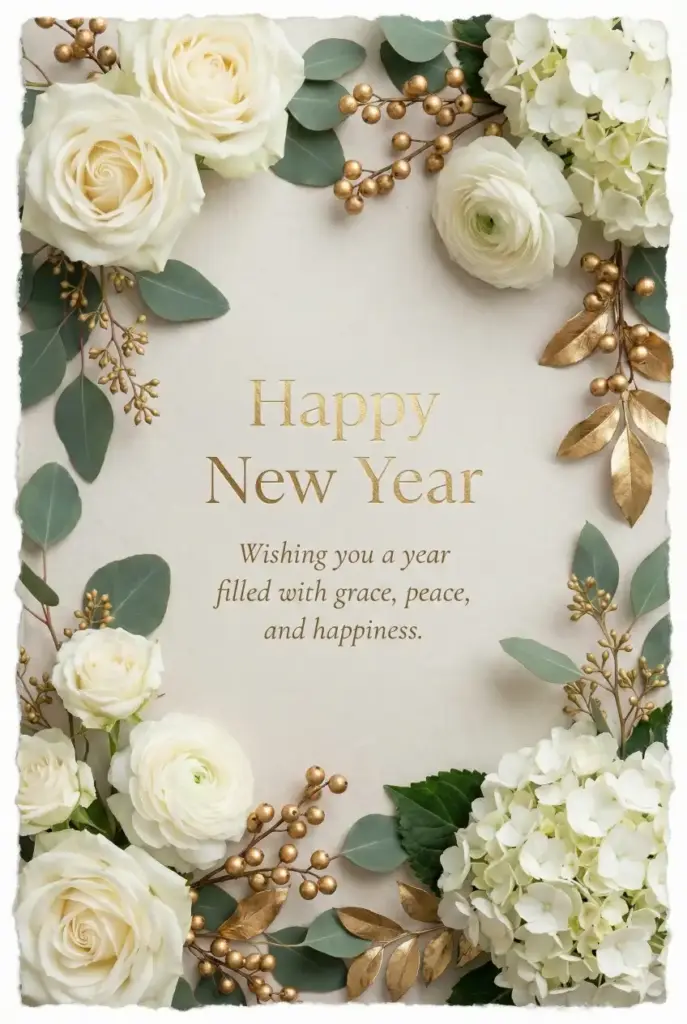 Create a premium floral New Year greeting card with elegant white flowers, eucalyptus leaves, and golden accents arranged around the border. Use a clean neutral background with soft natural light. Place refined serif typography in the center reading "Happy New Year" and a message below saying "Wishing you a year filled with grace, peace, and happiness." Use aspect ratio 2:3.