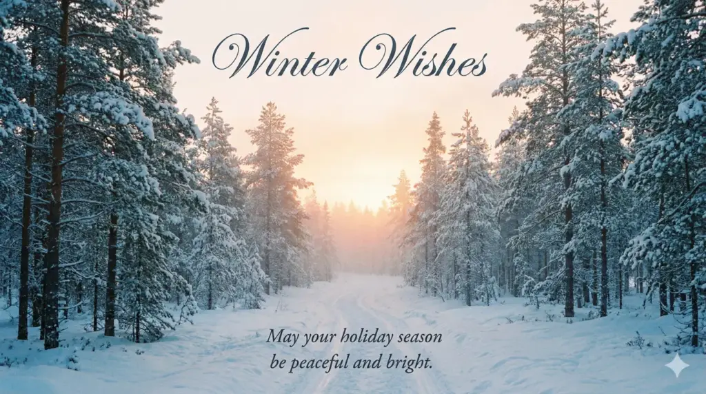 Create a serene winter forest with tall snow covered pine trees and a narrow path leading toward a soft glowing sunrise. Add light mist for a dreamy atmosphere. Use a cool blue and white palette. Add elegant script text on top that reads Winter Wishes. Add a message at the bottom that reads May your holiday season be peaceful and bright. Use aspect ratio 16:9.