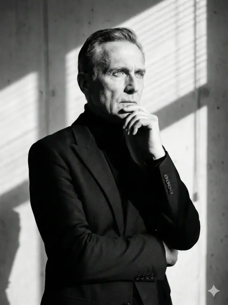Create a dramatic, black and white fine-art style corporate portrait of a senior architect. The subject is wearing a structural, avant-garde black blazer and a matte black turtleneck. The posture is artistic, one hand resting on the chin, looking off-camera with a visionary gaze. The background is a minimalist concrete wall with harsh, geometric shadows cast by window blinds, creating a "film noir" corporate atmosphere. High contrast, sharp focus on the eyes. Aspect ratio 3:4.