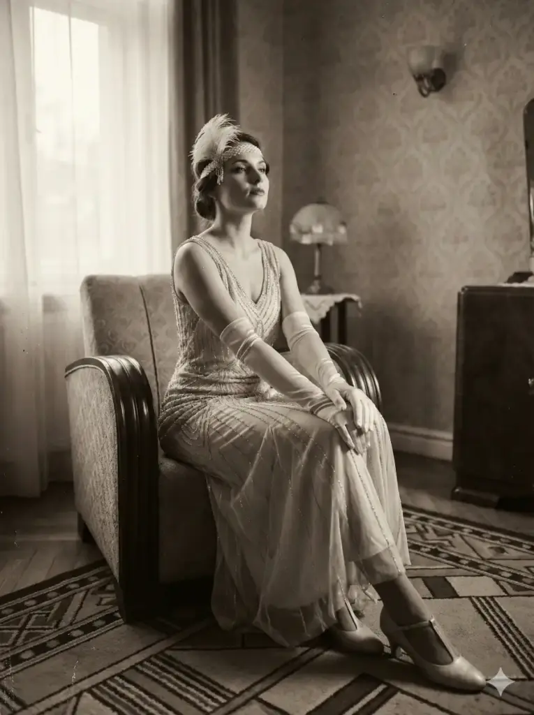 Create a vintage styled photo of a woman wearing a beaded flapper dress, long gloves and a delicate feathered headpiece. She should sit gracefully on an art deco armchair with her chin raised and hands placed gently on her lap. Use soft diffused window light that forms gentle shadows across her face. Add a sepia toned palette with subtle grain to evoke the era. Place her in a decorated interior with patterned wallpaper and a geometric rug. Use aspect ratio 3:4.