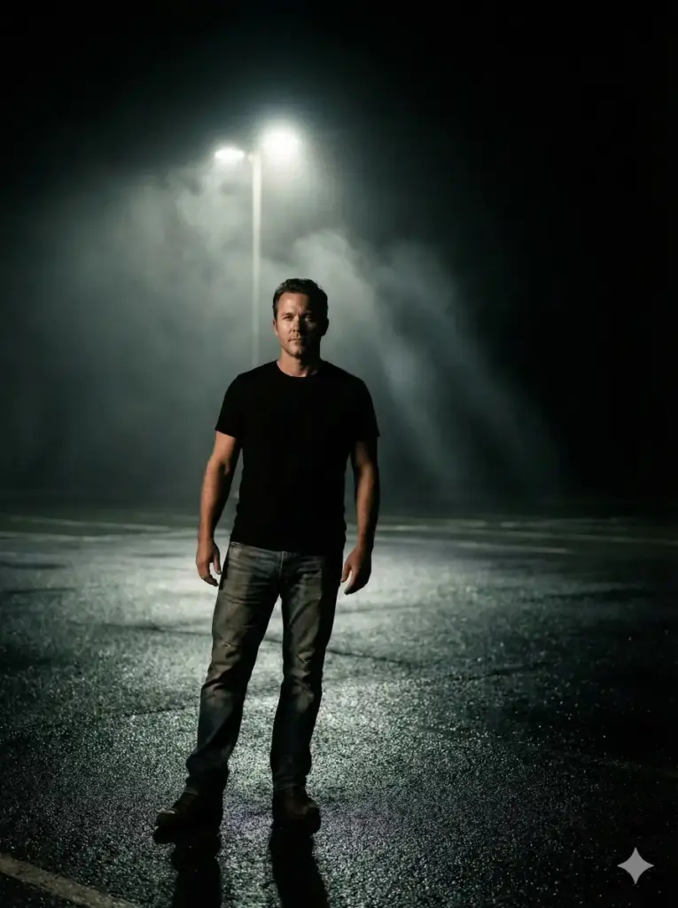 Create a dramatic night portrait of a man standing under a single streetlight in an empty parking lot. The surrounding area fades into darkness while the overhead light casts strong highlights and deep shadows across his face and clothing. He wears a simple black t-shirt and jeans, with a confident but relaxed stance. Add subtle mist in the air to catch the light and enhance atmosphere. Focus on realistic lighting falloff, natural body proportions, and a cinematic noir-style mood. Use aspect ratio 3:4.